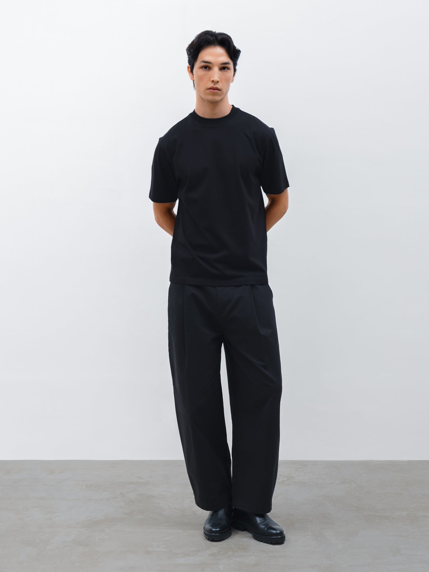 Men Arlo Crew Neck T-shirt in Black and Silo Barrel Pant in Black