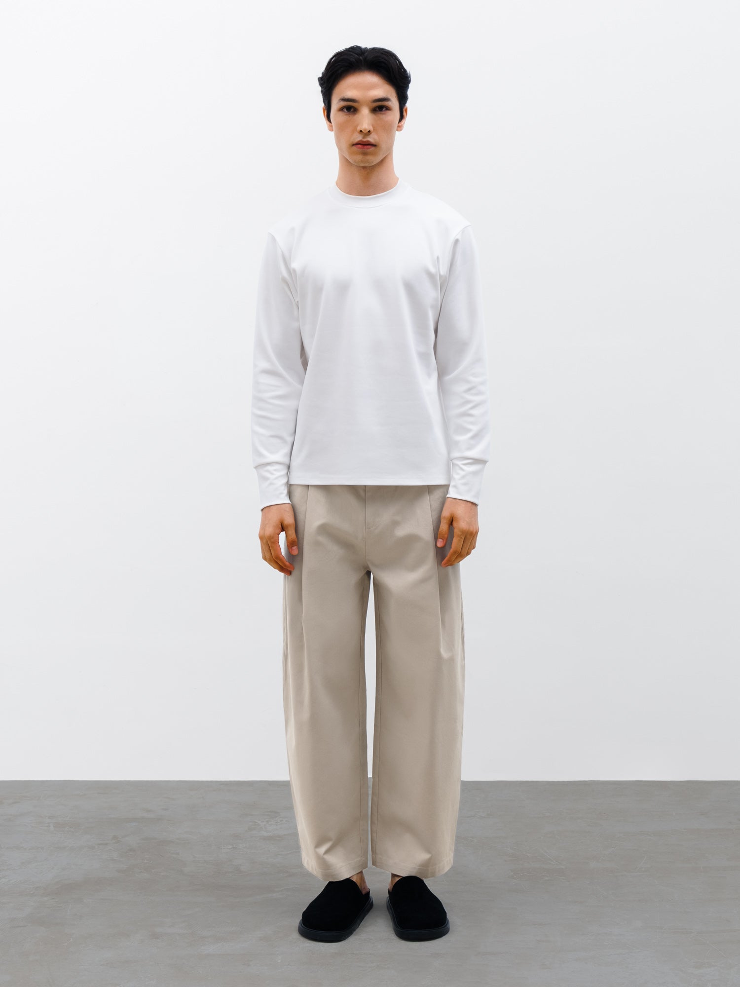 Men Orin Long Sleeve T-shirt in White and Silo Barrel Leg Pant in Beige