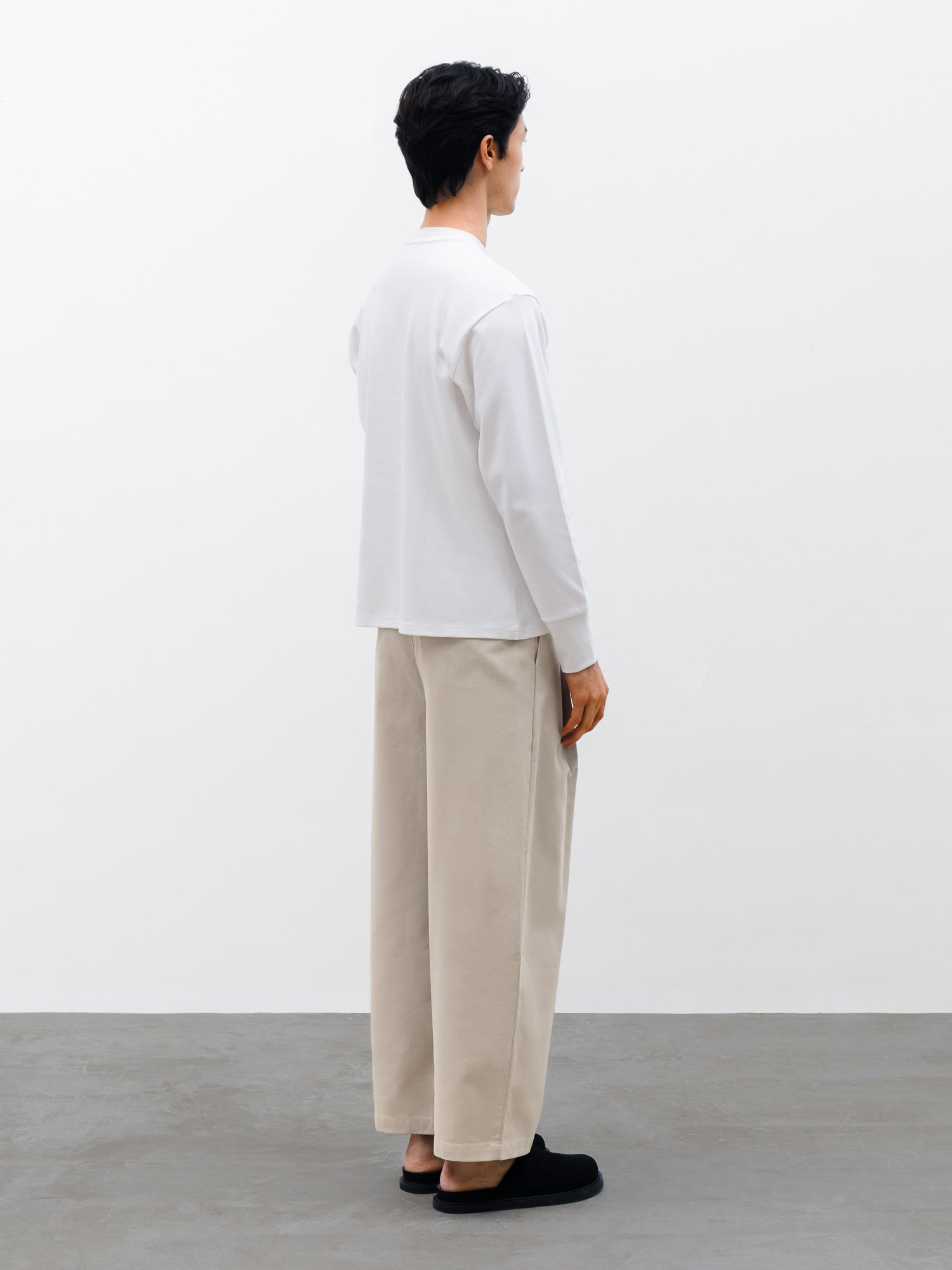 Men Orin Long Sleeve T-shirt in White and Silo Barrel Leg Pant in Beige