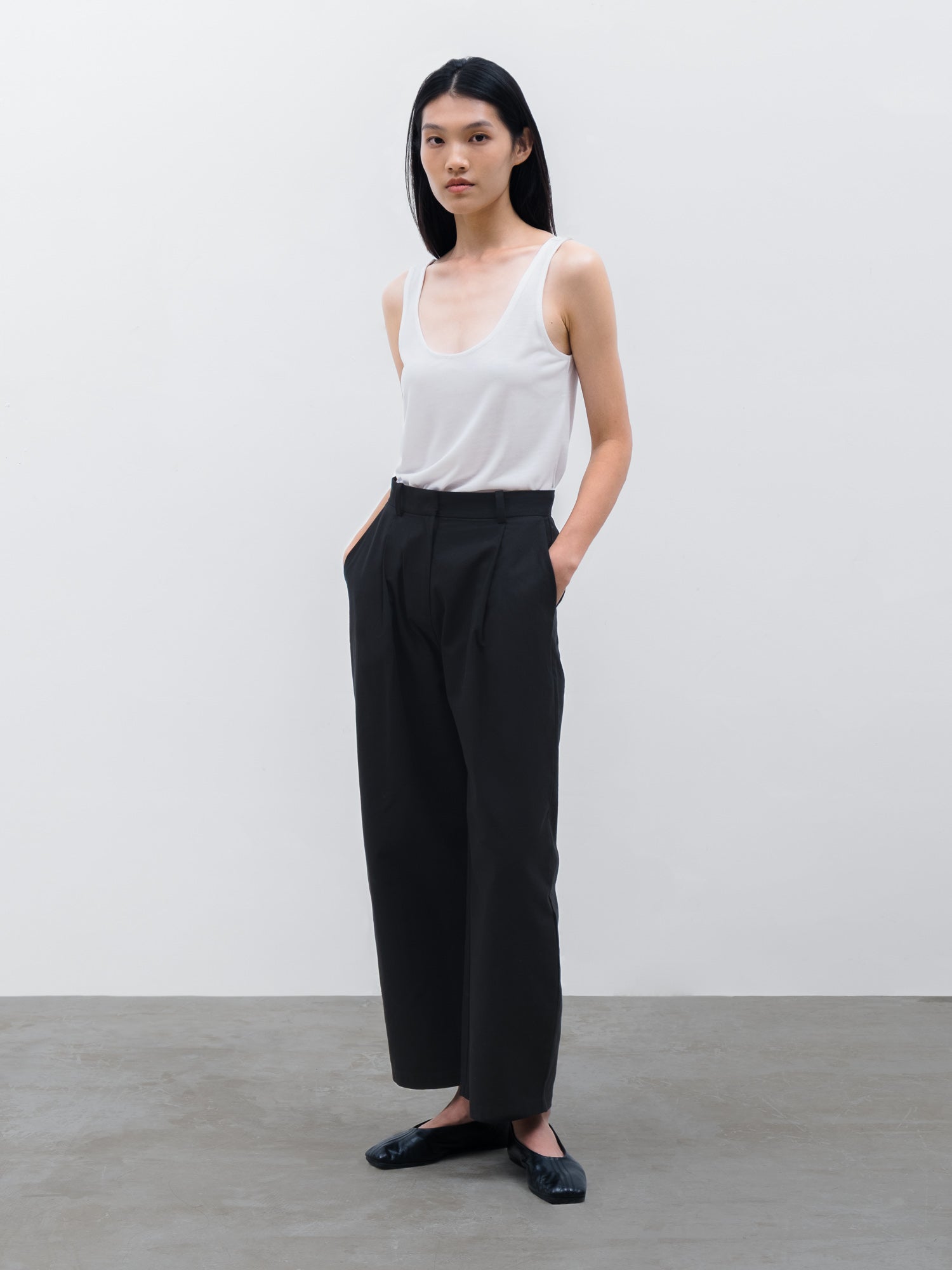 Women Kair Tencel Tank in White and Vault Barrel Pant in Black