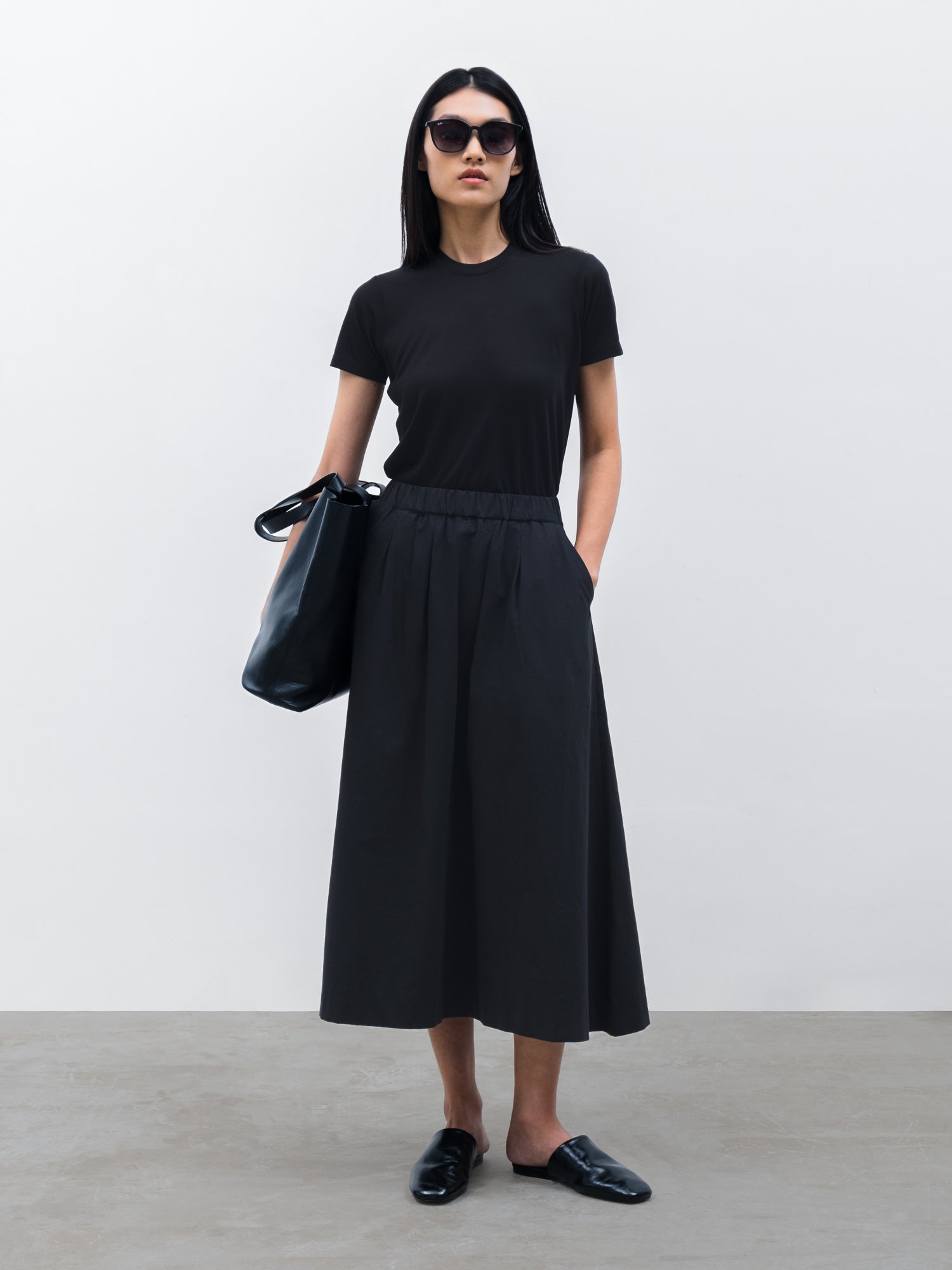 Women Tencel Miro Crew Neck T-shirt in Black and Pleated Maxi Skirt in Black