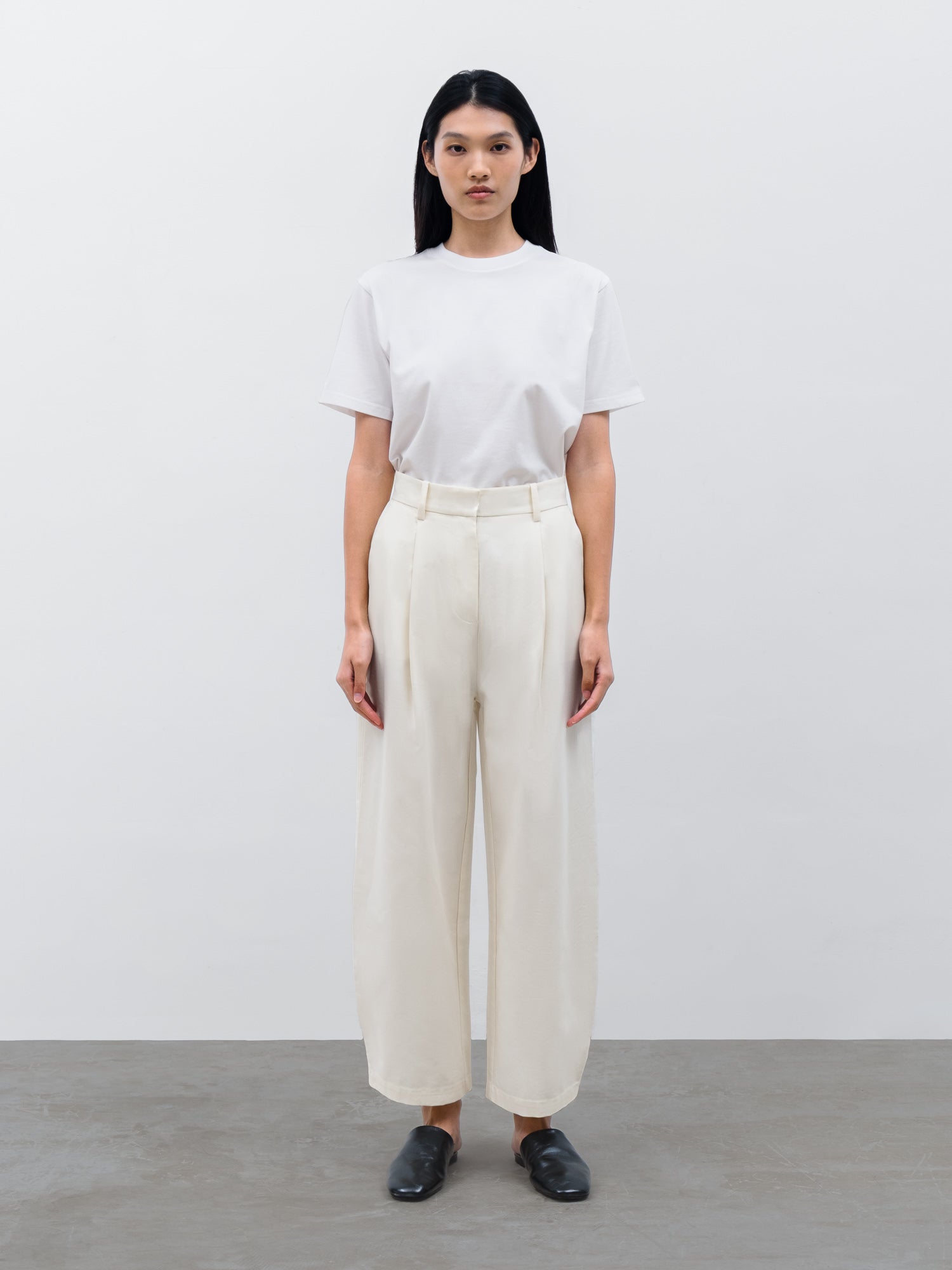 Women Nira Cotton Crew Neck T-shirt in White and Vault Barrel Pant in Cream
