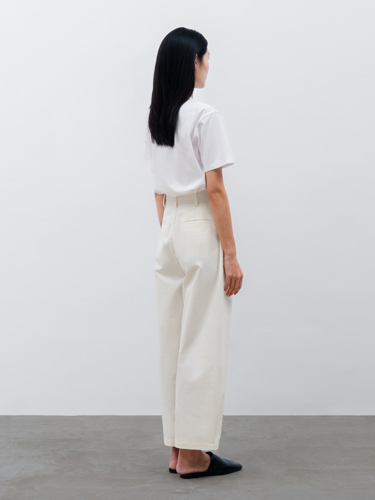 Women Nira Cotton Crew Neck T-shirt in White and Vault Barrel Pant in Cream