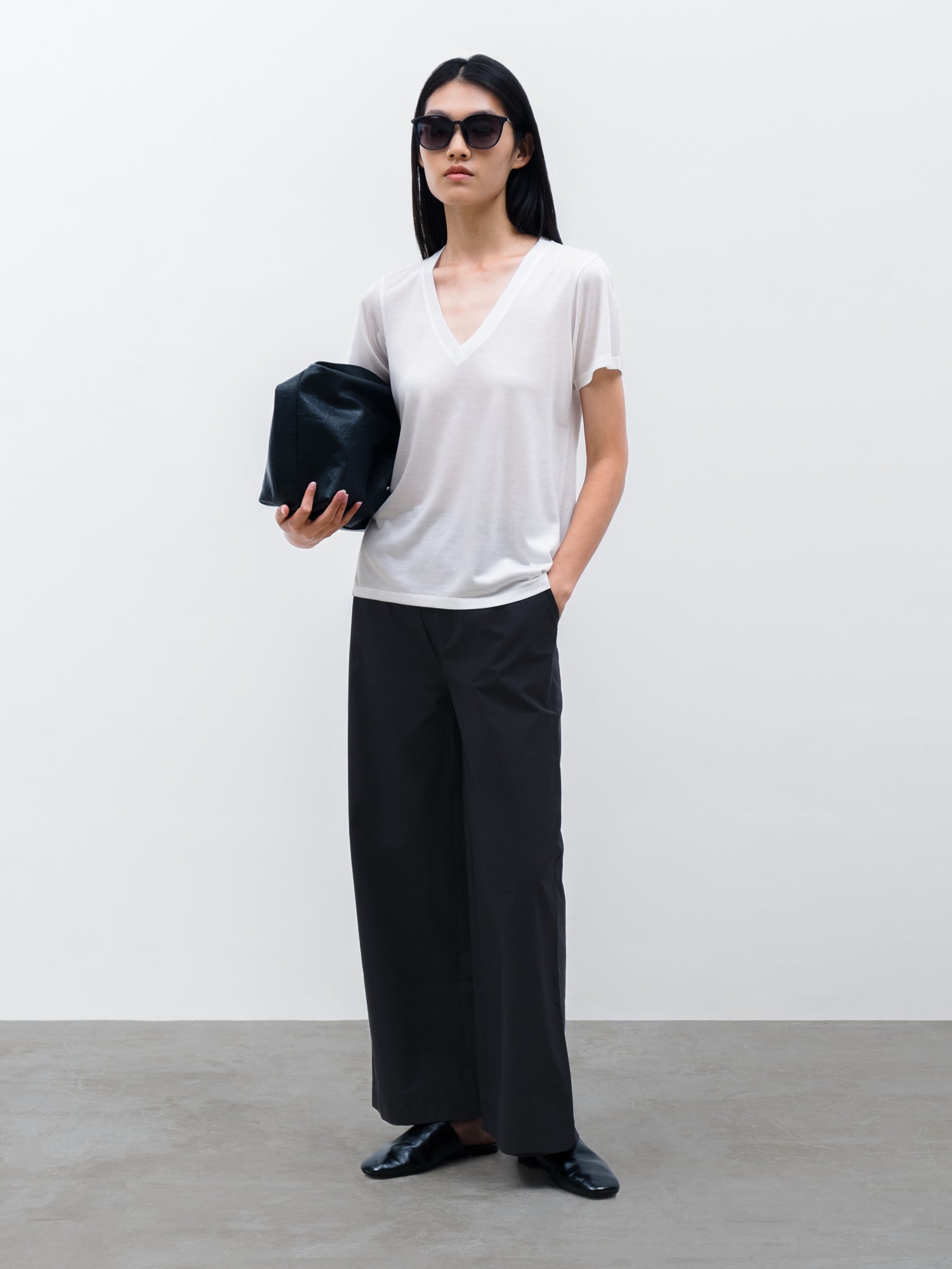 Women Ren Tencel V Neck T-shirt in White and Wide Leg Trouser in Black