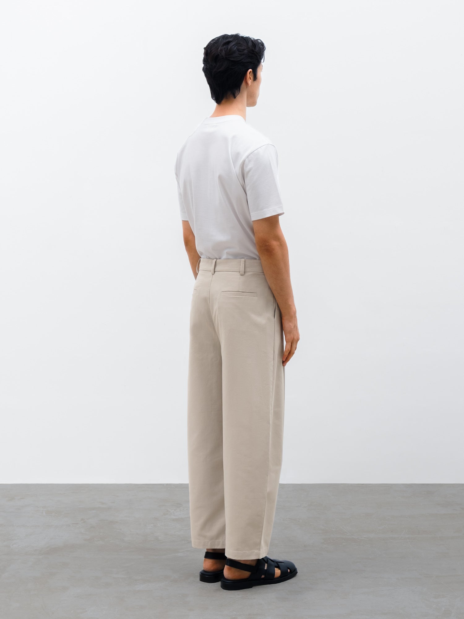 Men Arlo Crew Neck T-shirt in White and Silo Barrel Pant in Beige