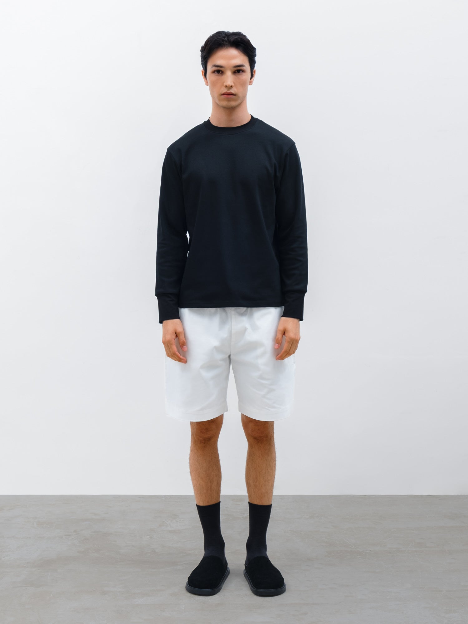 Men Orin Long Sleeve T-shirt in Black and Casel Short in Chalk White 