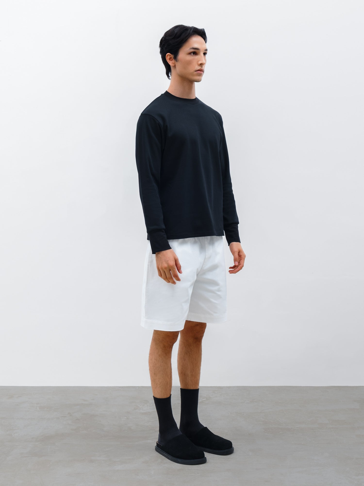Men Orin Long Sleeve T-shirt in Black and Casel Short in Chalk White 