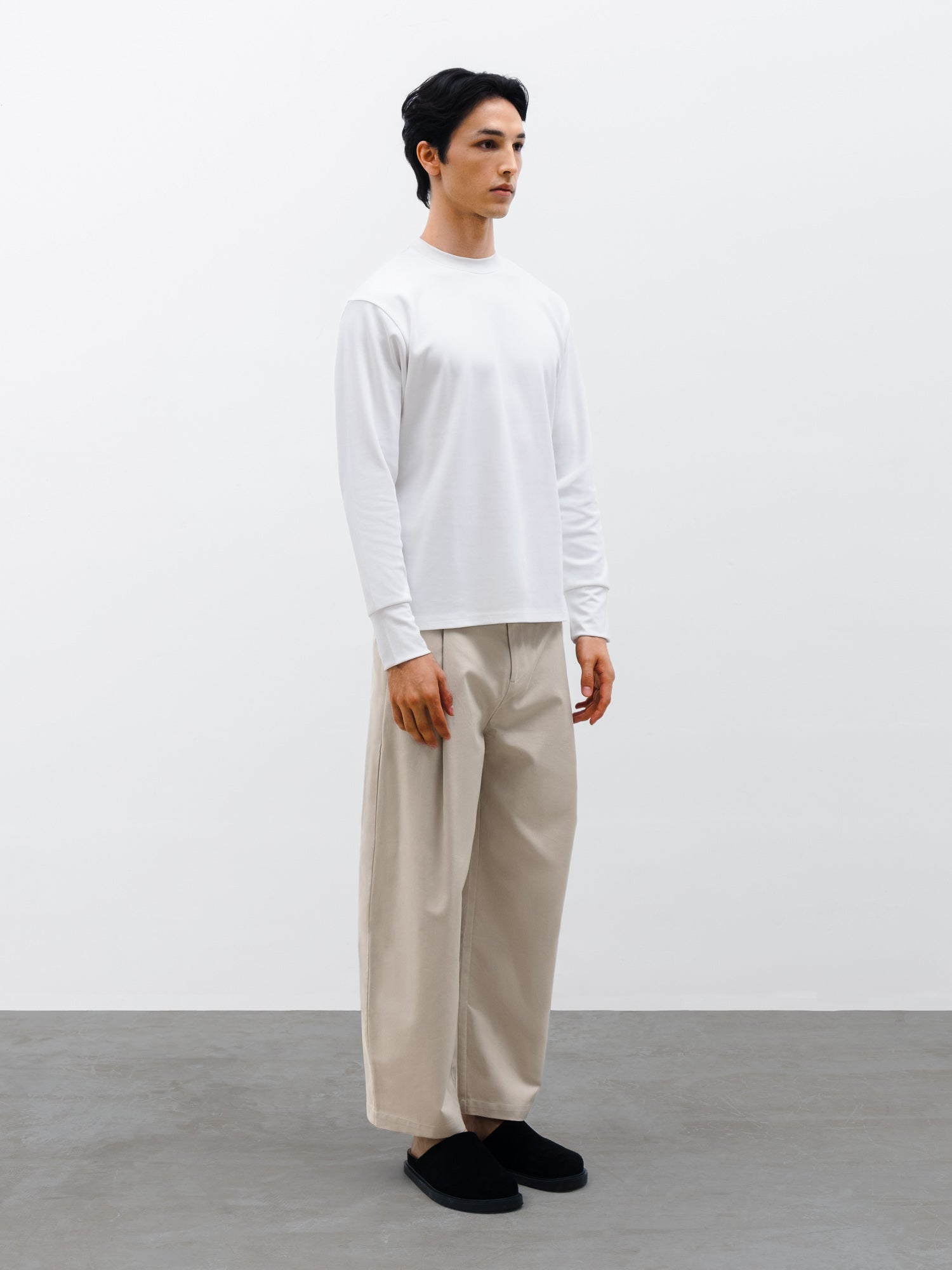 Men Orin Long Sleeve T-shirt in White and Silo Barrel Leg Pant in Beige