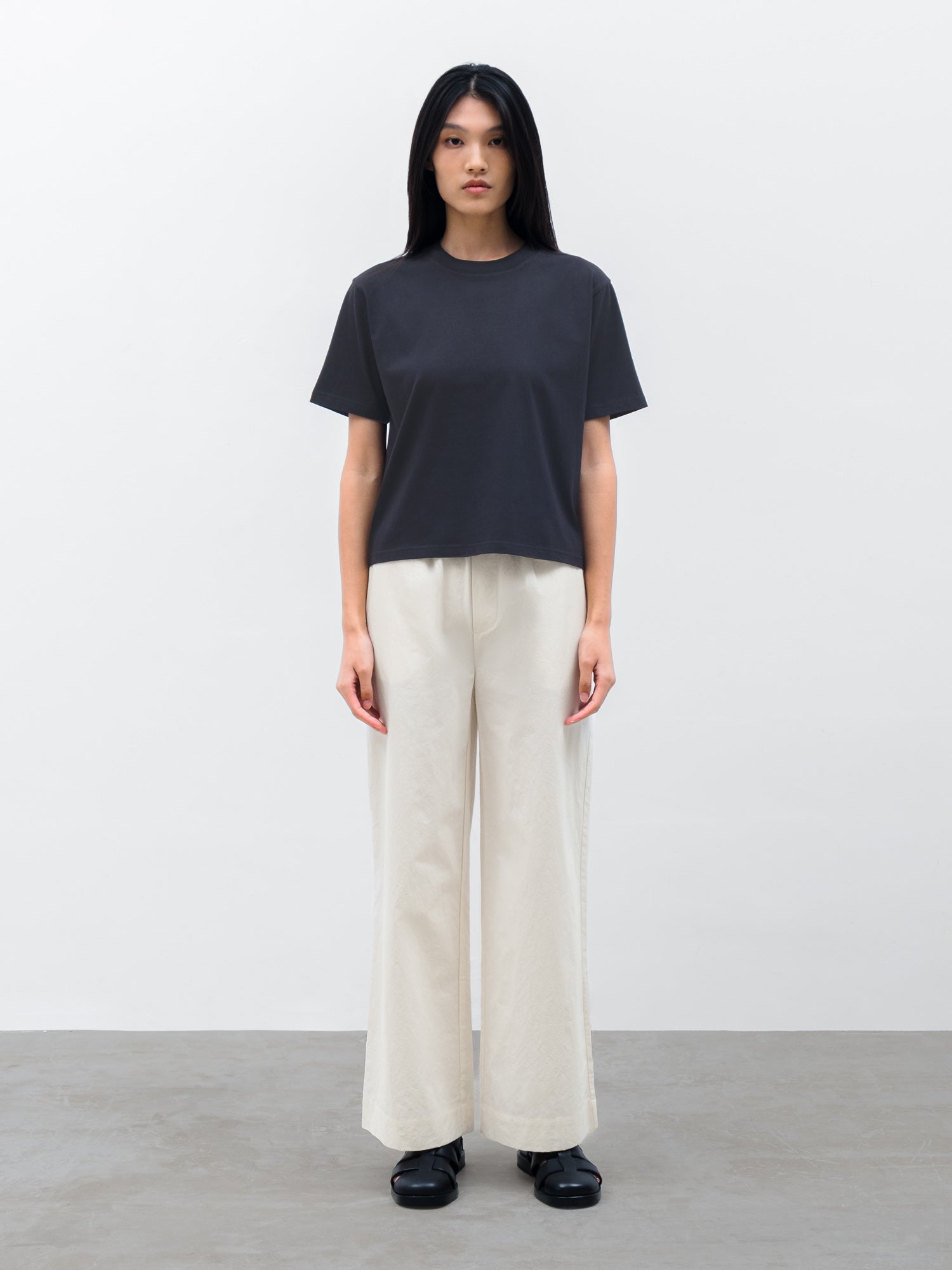 Women Nira Cotton Crew Neck T-shirt in Dark Navy and Wide-Leg Trouser in Cream
