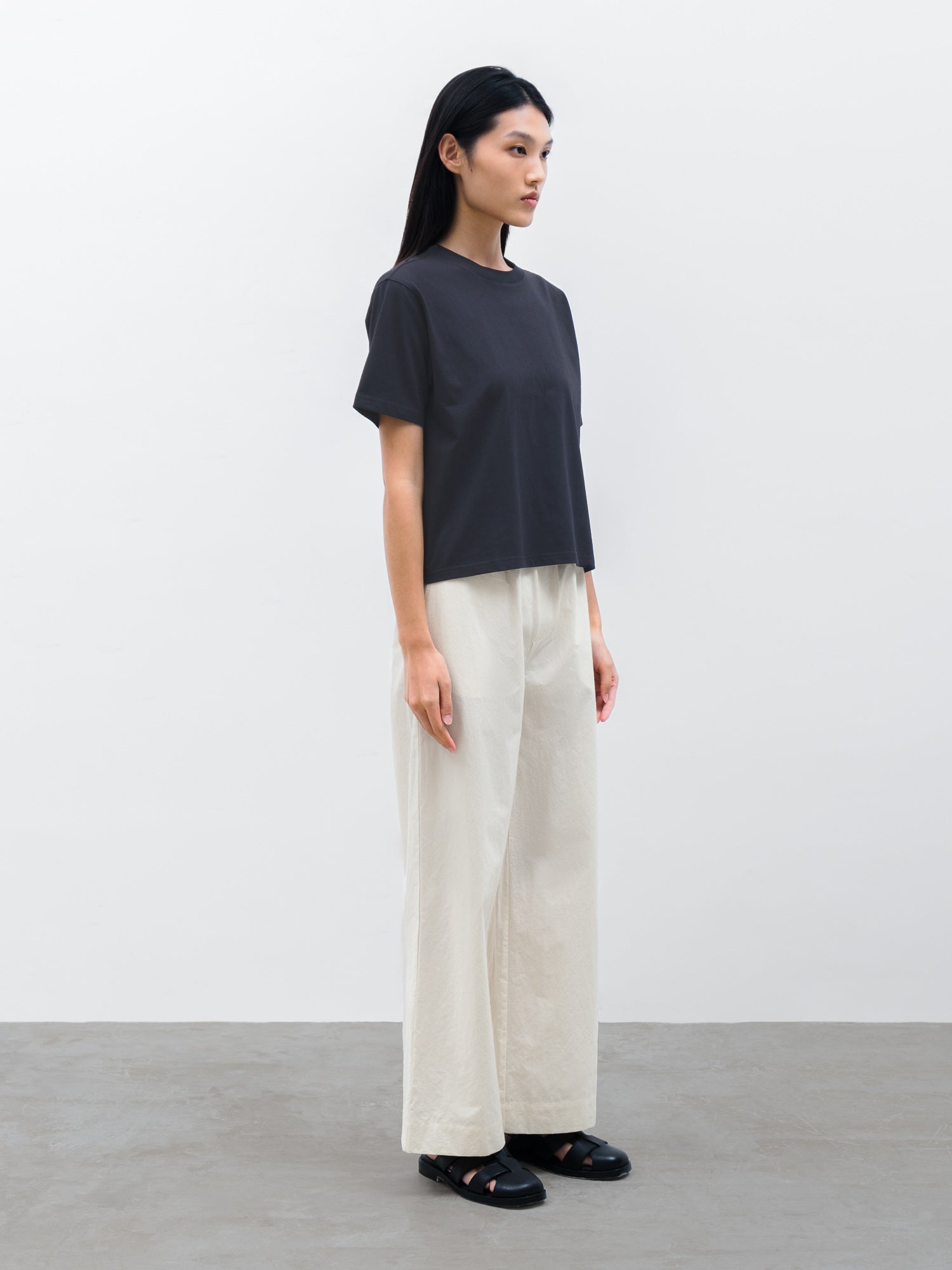 Women Nira Cotton Crew Neck T-shirt in Dark Navy and Wide-Leg Trouser in Cream