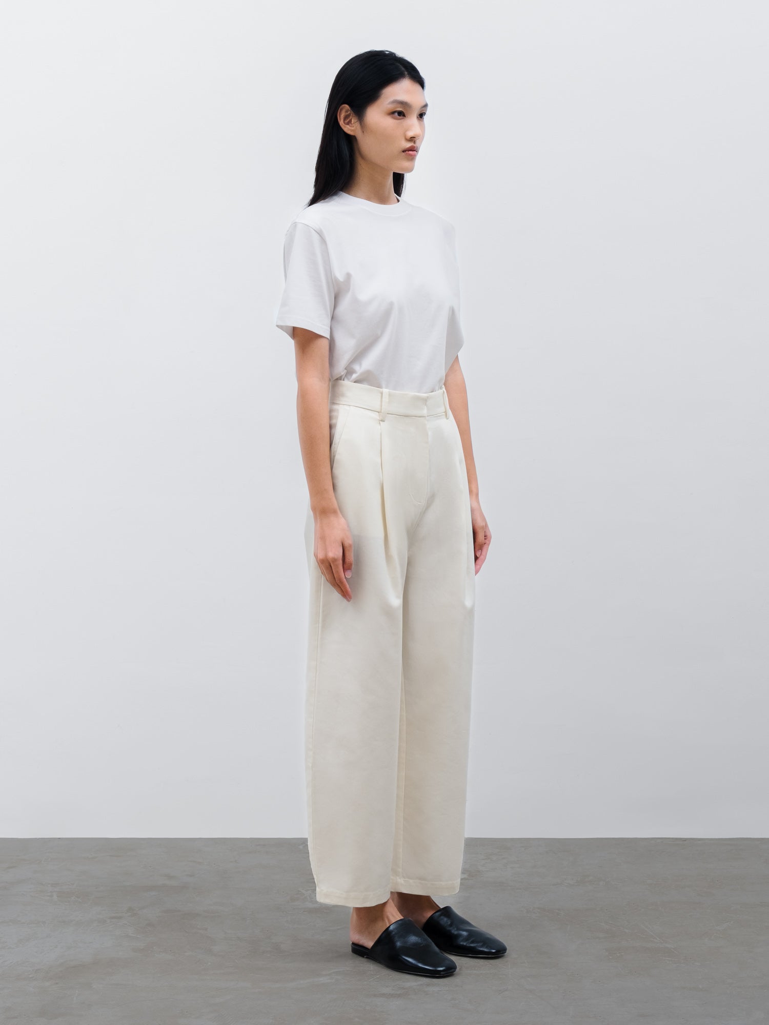 Women Nira Cotton Crew Neck T-shirt in White and Vault Barrel Pant in Cream